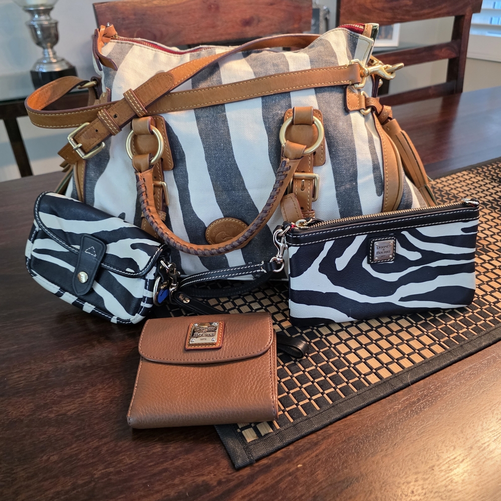Dooney & Bourke Tan Leather-Trimmed Zebra Stripe Canvas Shoulder Bag